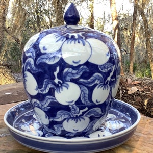 Hand painted fruit blue and white ceramic ginger jar with under plate.
