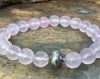 Glowing Madagascar rose quartz with vintage 10mm sterling silver 1950’s Navajo bench bead