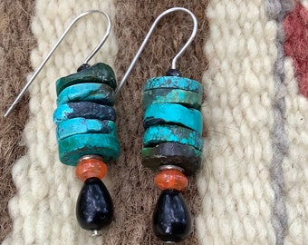 Stacked turquoise heishi, Jet & Mexican fire opal in simple sterling silver drop earrings. Handmade turquoise, jet, fire opal dangles. Ooak