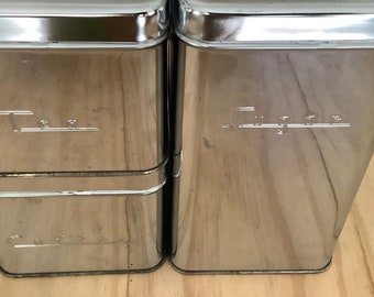 Vintage MCM Chrome Sugar, Coffee Tea canisters. Set of 3. Horizontal script.