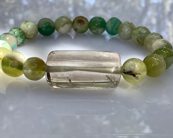 Green flower agate and huge smoky quartz stretch bracelet