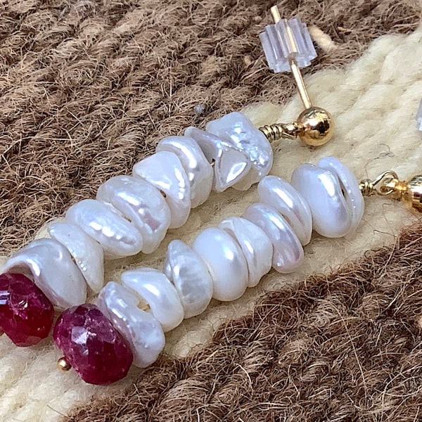 Red ruby, white Keshi pearl on gold vermeil drops