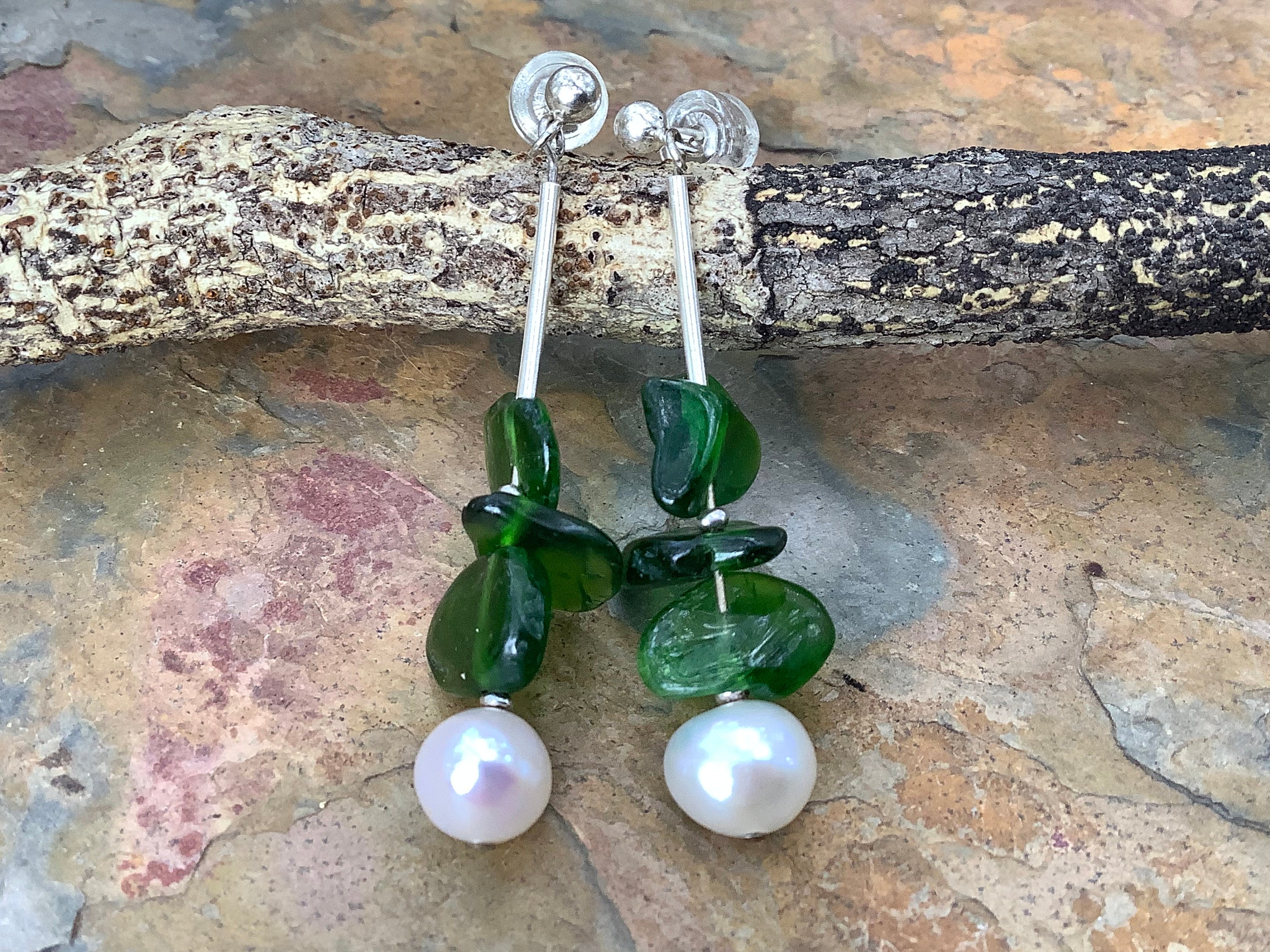 Boucles D'oreilles Argent Sterling Avec Diopside Et Péridot - Style Dormeuse, Pierres Naturelles