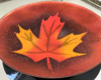 Vintage 1960s Jules Perrier enameled copper maple leaf plate.