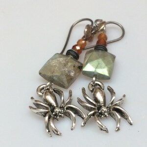 Blue flash labradorite squares, orange garnet fun  Spider earrings. Modern Handmade gemstone earrings with Hypoallergenic niobium ear hooks.