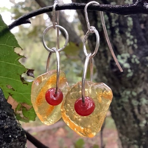 Free form Amber slice, carnelian rondelle in large, airy  drop earrings, sterling silver hoops/rings. Handmade artisan gemstone earrings.