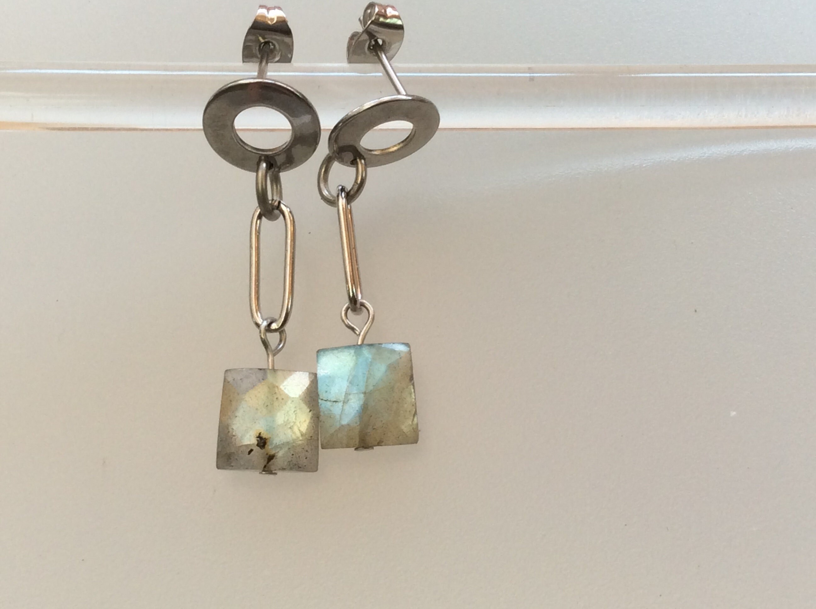 Simple Modern Blue flash labradorite squares in stainless steel link drop earrings. Handmade stainless steel gemstone post earrings .