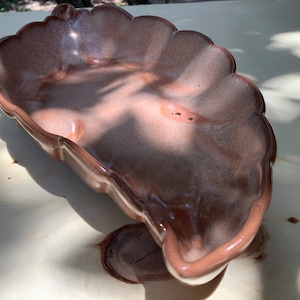 Vintage earthy rustic brown satin Frankoma leaf pottery dish