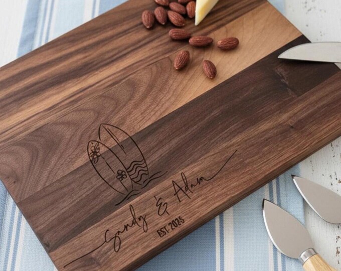 Personalized Cutting Board – Surfer Couple: Custom Cutting Board, Surfing Decor, Ocean, Beach Wedding, Surfboard, Housewarming Gift