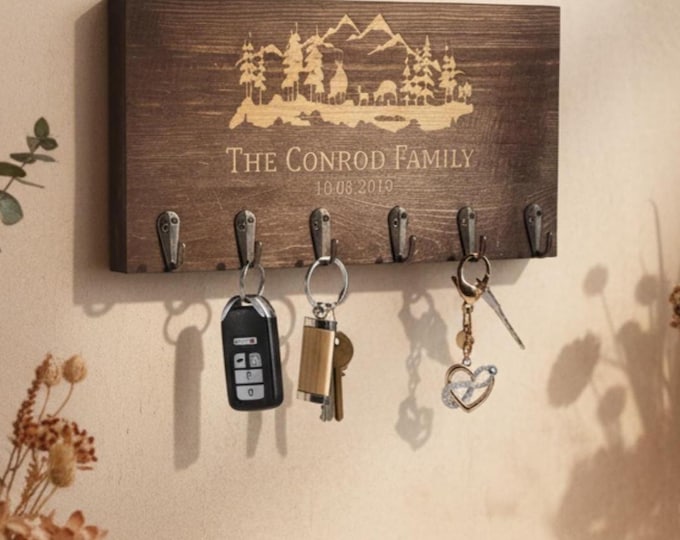 Personalized Key Holder - Moutain Scene: Custom Engraved Rustic Key Rack for Entryway & Cottage Decor, perfect houswarming gift