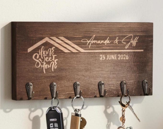 Personalized Wood Key Holder: Rustic Home Sweet Home Engraved Wall Hanger