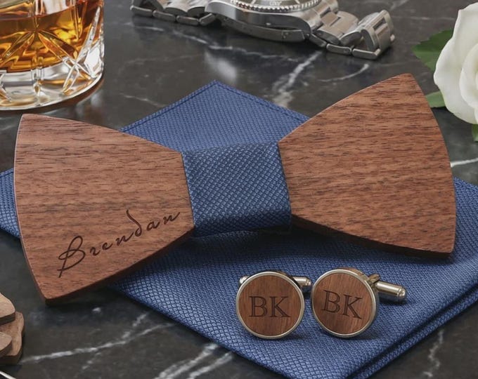 Personalized Wooden Walnut Bowtie and Cufflinks Set with Blue Fabric Centerpiece and Matching Handkerchief, Wedding gift, gift for him