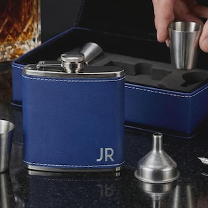 Personalized Blue Leather Flask Set with Shot Glasses - Custom Groomsman Presentation Box
