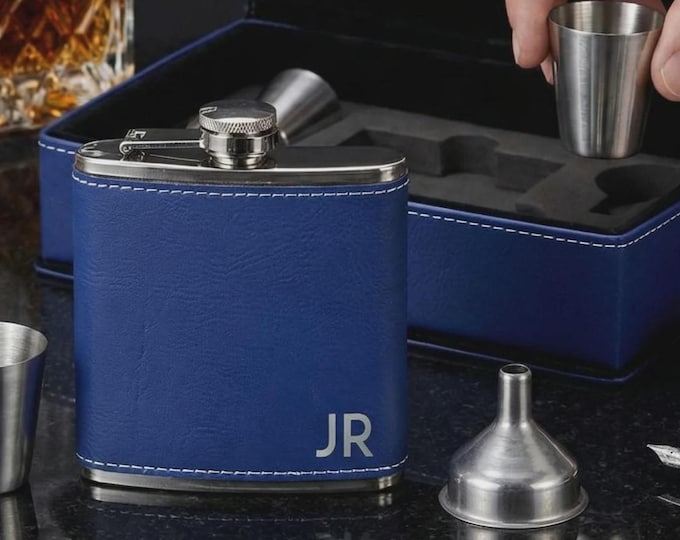 Personalized Blue Leather Flask Set with Shot Glasses - Custom Groomsman Presentation Box