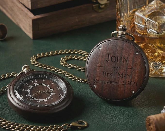 Personalized Walnut Wood Pocket Watch, Custom Engraved Groomsman Timepiece, Anniversary Wedding Keepsake