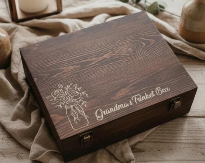 Personalized Floral Engraved Wooden Keepsake Box - Rustic Grandma Gift