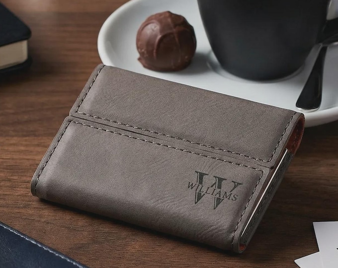Personalized Vegan Leather Business Card Case, Custom Monogram Professional Holder
