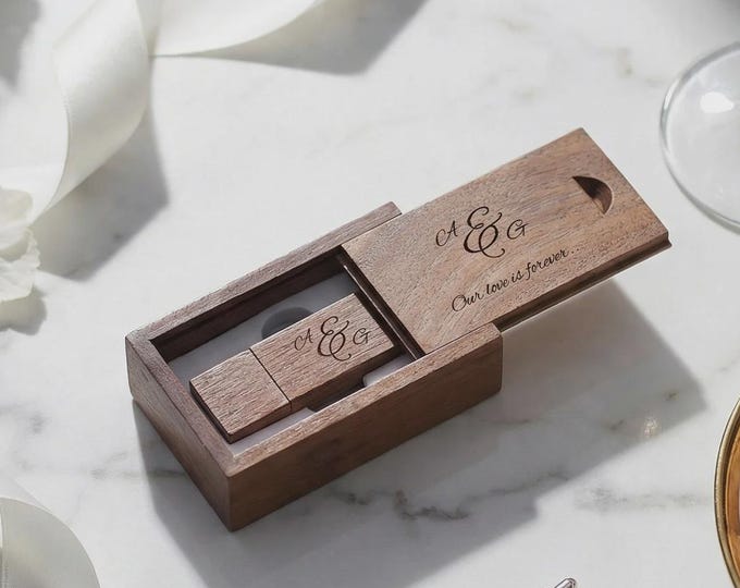 Personalized 32GB Wooden USB with Engraved Box, Custom Wedding Flash Drive