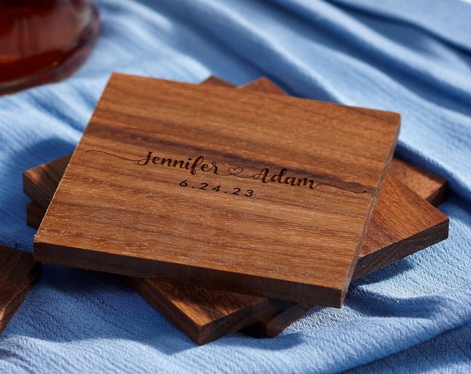 Personalized walnut coasters, housewarming gifts, wedding gifts, custom engraved coasters, gift for the couple, engraved coaster set