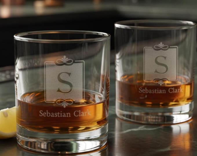 Personalized Whiskey Glass – Engraved Monogram Rocks Glass, Custom Groomsmen Gift, Wedding Barware for Men