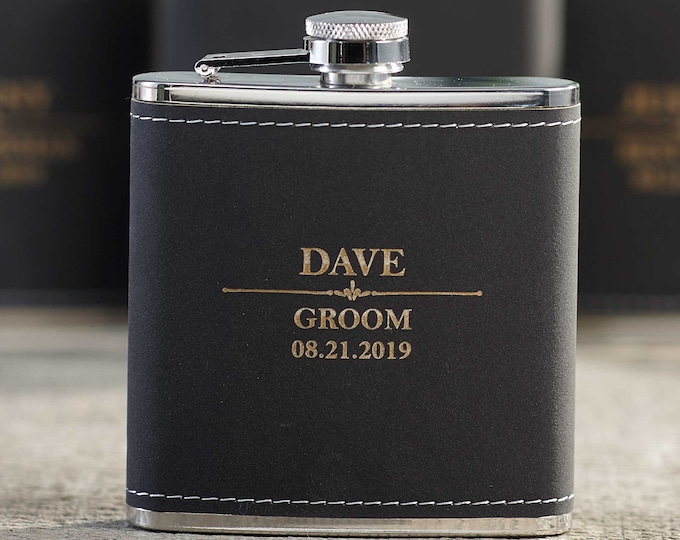 Personalized Set Of 8 Flasks, Groomsmen Wedding Gift, Best Man Leather Flasks, Customized Wedding Flasks, Engraved Leatherette Flasks