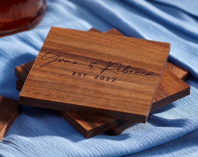 Personalized walnut coasters, housewarming gifts, wedding gifts, custom engraved coasters, gift for the couple, engraved coaster set