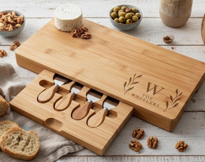 Personalized Bamboo Charcuterie Board Set: Engraved Cheese Board, Coasters