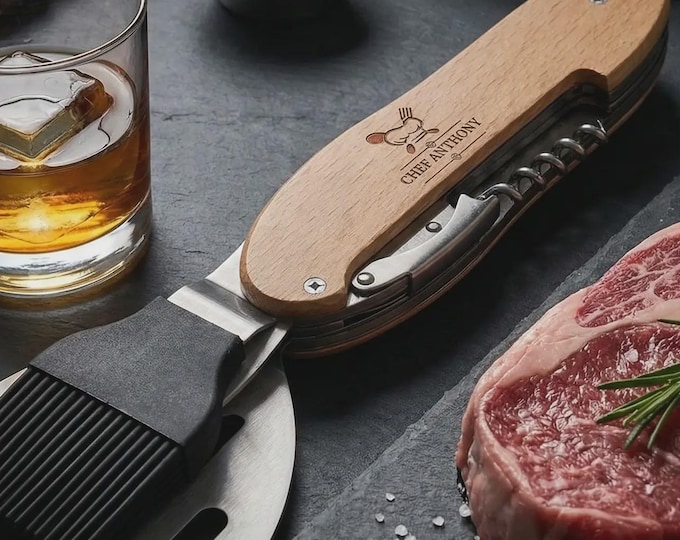 Personalized Grill Accessories, Engraved BBQ set, Customized BBQ Utensil Set, Grill Multi Tool: Father's Day, Grandpa, Husband, Chef Gift