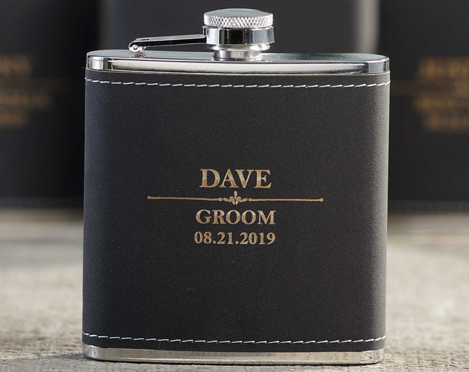 Personalized Set Of 9 Flasks, Groomsmen Wedding Gift, Best Man Leather Flasks, Customized Wedding Flasks, Engraved Leatherette Flasks