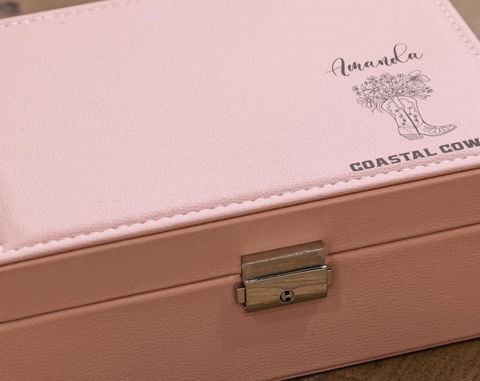 Personalized Faux Leather Jewelry Box: Coastal Cowgirl, Custom Engraved Jewelry Organizer - Bridesmaid, Daughter, Wife, Girlfriend Gift