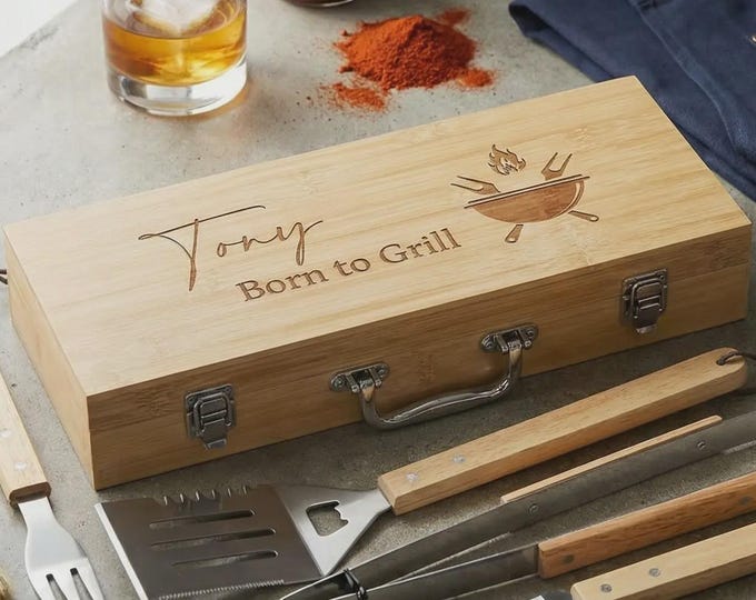 Personalized BBQ Grill Tool Set: Engraved Bamboo Case, Stainless Steel