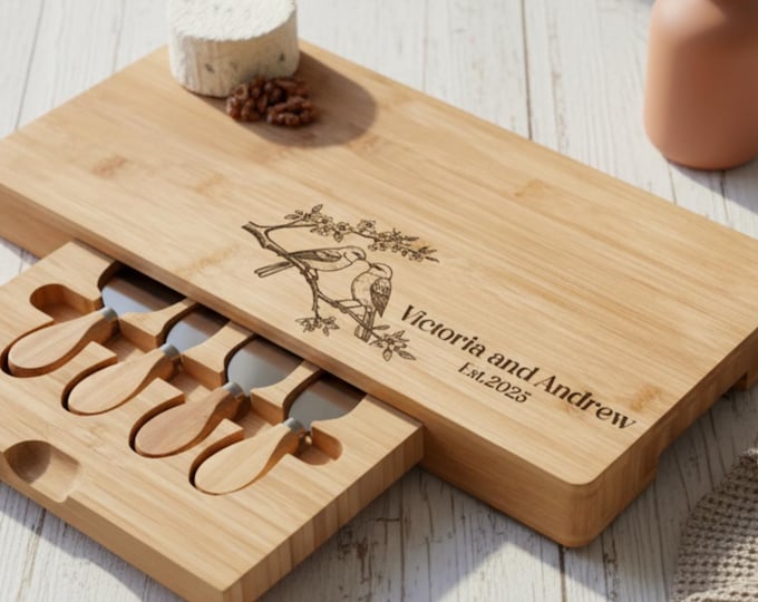 Personalized Bamboo Charcuterie Board: Engraved Cheese Board, Bird Lovers Design
