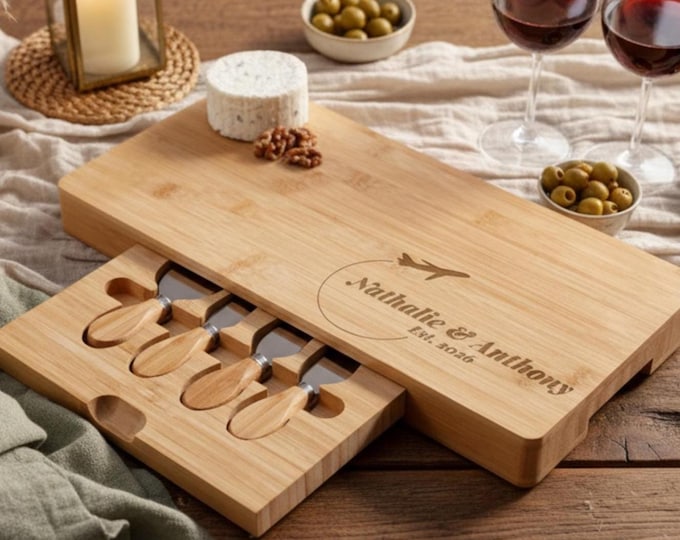 Personalized Bamboo Charcuterie Board Set: Engraved Cheese Board, Travel Theme