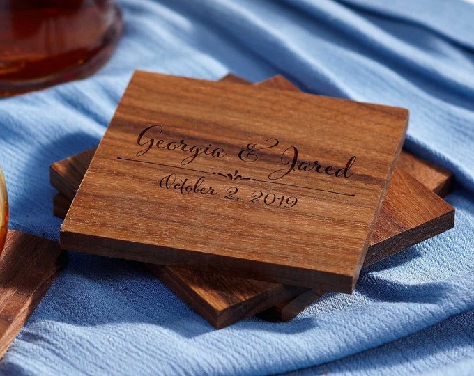 Personalized walnut coasters, housewarming gifts, wedding gifts, custom engraved coasters, gift for the couple, engraved coaster set