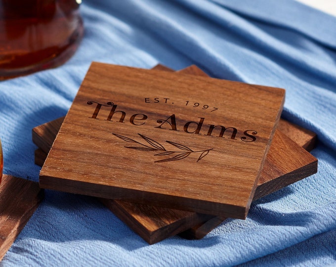 Personalized walnut coasters, housewarming gifts, wedding gifts, custom engraved coasters, gift for the couple, engraved coaster set