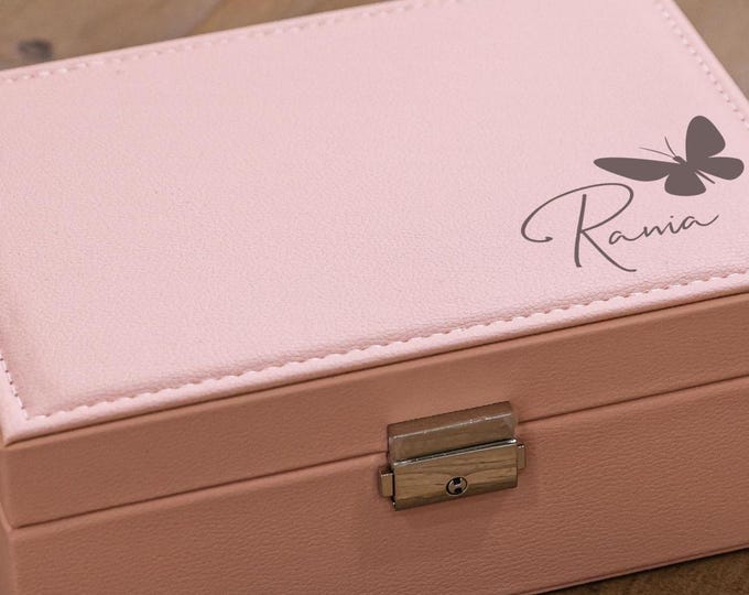 Personalized Faux Leather Jewelry Box: Butterfly, Custom Engraved Jewelry Organizer - Mother's Day, Daughter, Wife, Grandma, Christmas Gift