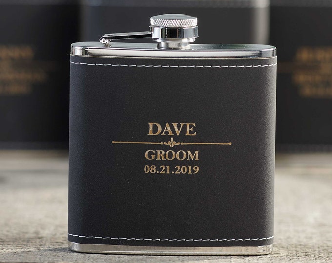 Personalized Set Of 10 Flasks, Groomsmen Wedding Gift, Best Man Leather Flasks, Customized Wedding Flasks, Engraved Leatherette Flasks