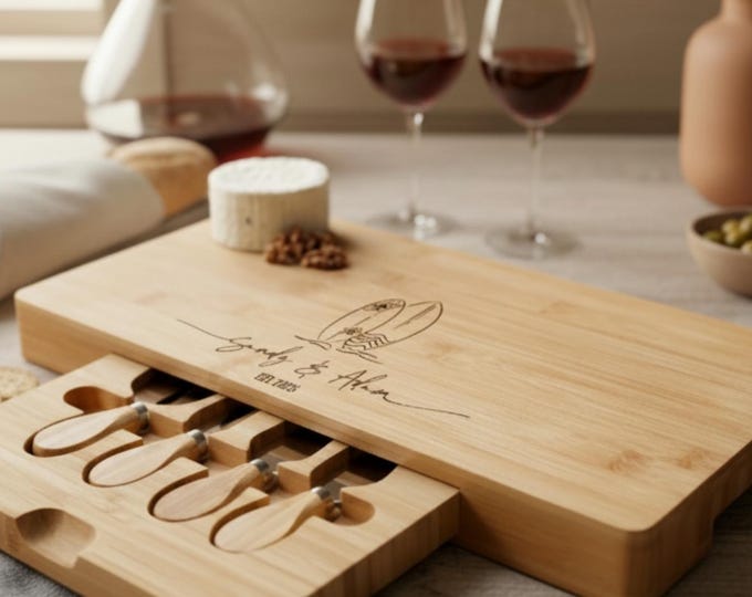 Personalized Charcuterie Board – Surfing Board Themed: Custom Engraved Cheese Board, Housewarming, Kitchen Decor, Beach, Couple Gift