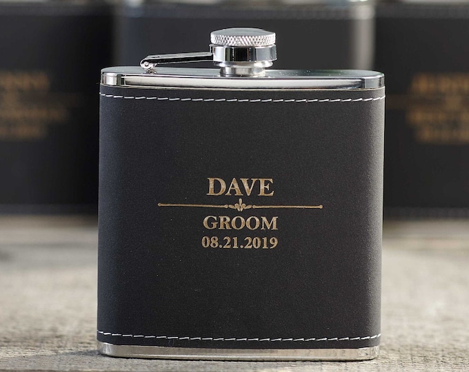 Personalized Set Of 6 Flasks, Groomsmen Wedding Gift, Best Man Leather Flasks, Customized Wedding Flasks, Engraved Leatherette Flasks