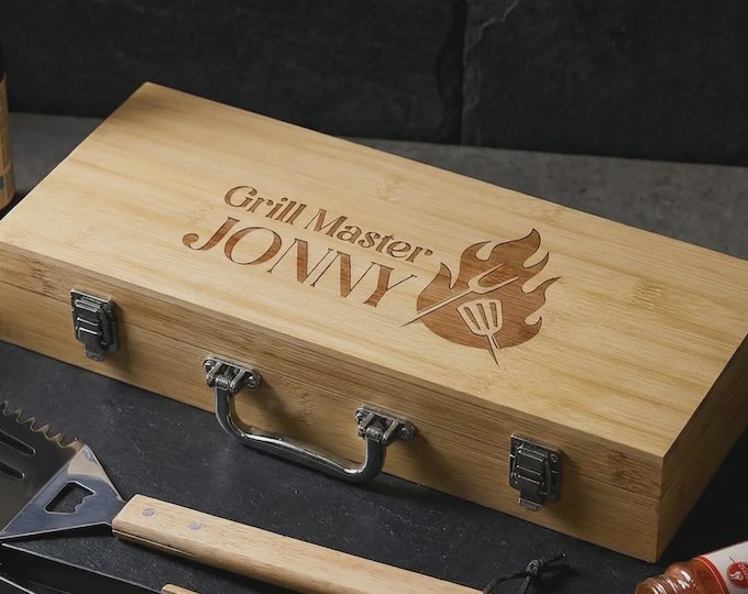 Engraved BBQ Tool Set: Personalized Grill Master Gift in Bamboo Case