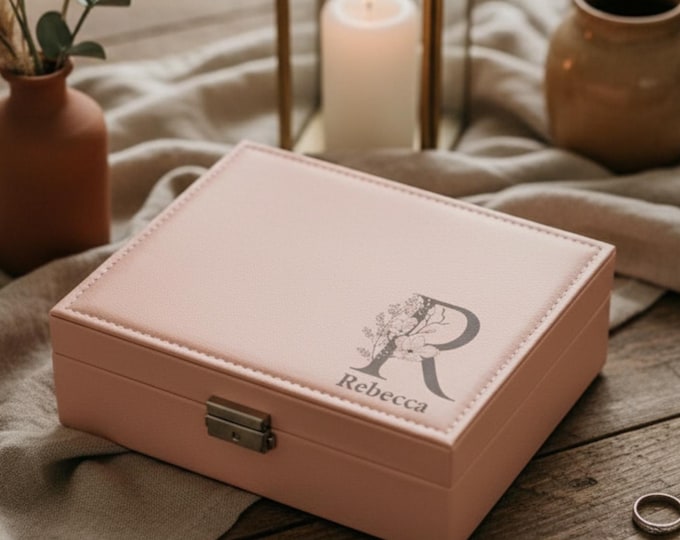 Personalized Faux Leather Jewelry Box: Monogrammed Custom Engraved Jewelry Organizer - Mother's Day, Daughter, Wife, Grandma, Christmas Gift