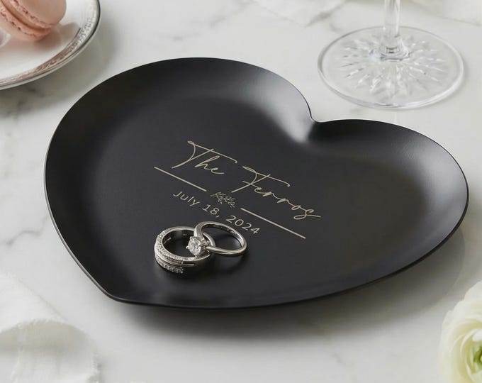 Personalized Heart Trinket Dish, Custom Engraved Black Jewelry Bowl, Wedding Anniversary Memento Tray