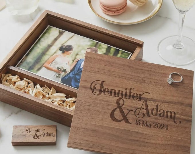 Personalized Wedding Photo Album, Custom Engraved Wooden Memory Box – 64GB USB, 4x6 photo box for photos, Wedding Gift, Couples Gift