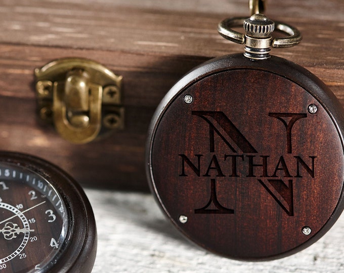 Wooden Personalized Pocket Watch, Custom Walnut Pocket Watch with Chain, Engraved Watch, Father's Day Gift, Gift For Him, Christmas Gift