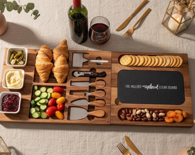 Personalized Acacia Wood Charcuterie Board Set: Engraved Shark Design