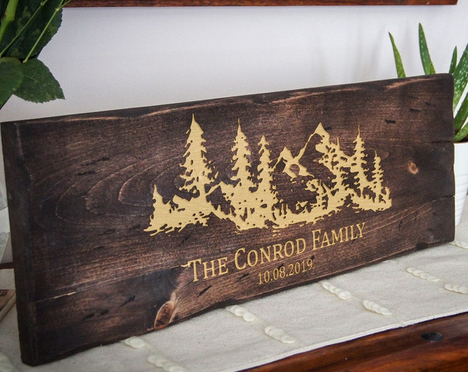 Personalized Family Name Sign Mountain Pine Tree Theme | Custom Engraved Wood Wall Art | Rustic Farmhouse Cabin Decor | Housewarming  Gift