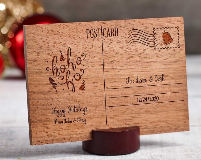 Personalized wooden Christmas greeting card, Custom wooden post card, Christmas wood postal card, Christmas Gift