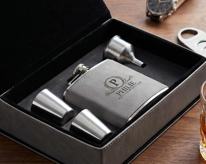 Personalized Flask, Personalized Flask,  Shot Glasses and a Funnel in a Gift Box, Gift for Him, Father's Day, Husband, Valentine's Day Gift