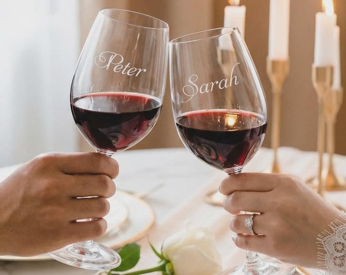 Personalized Wine Glass Set of 2, Custom Etched Wedding Gift for Couples, Engraved Glassware