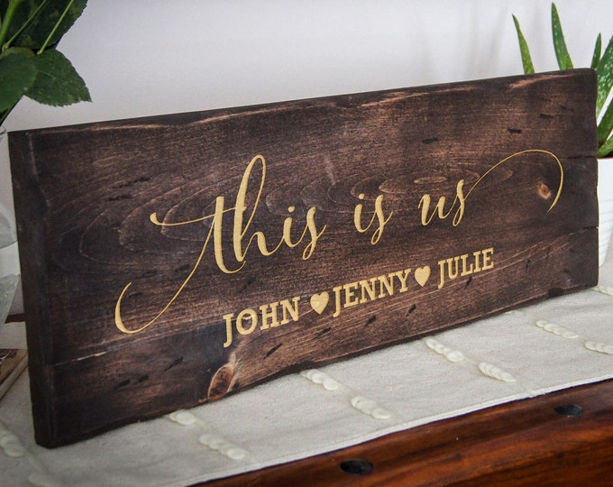 Personalized Wooden Sign - This Is Us: Custom Engraved Family Sign | Rustic Wall Sign & Farmhouse Style Decor
